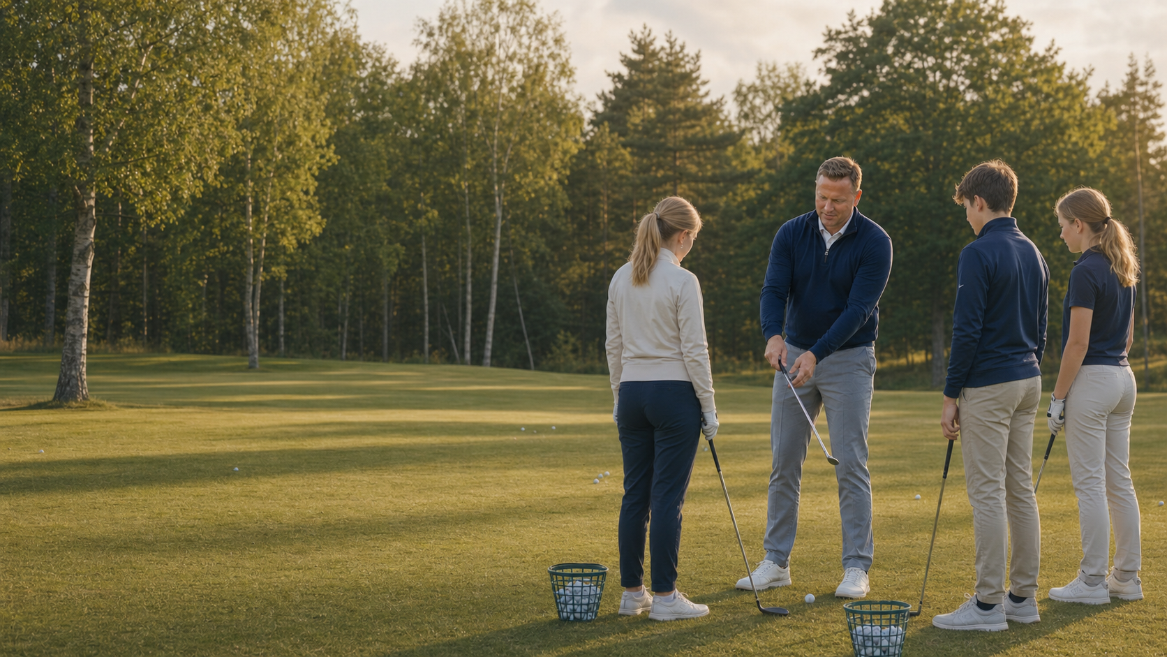 Representativ bild av en tränare som instruerar juniorgolfare på ett övningsområde