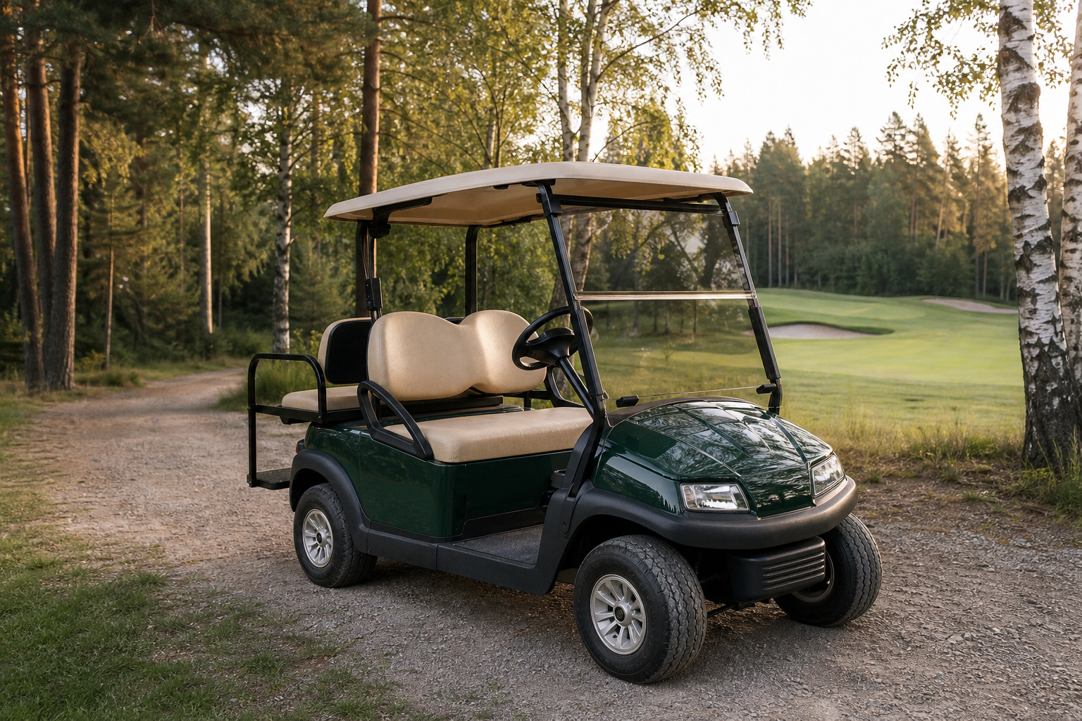 Bild av en mörkgrön golfbil vid en skogsnära golfbana